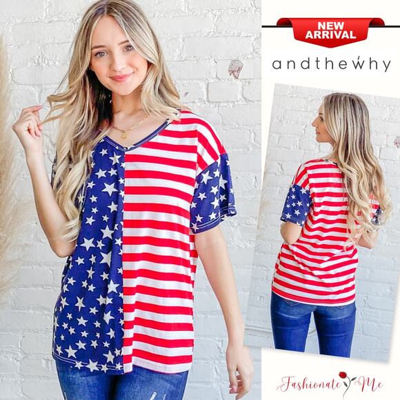 And The Why American Flag Theme Short Sleeves V-Neck Relaxed Fit Top | Red/Navy - Picture 1 of 8